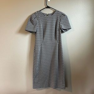 Calvin Klein dress, puffy sleeve, black and white pattern, gold zipper